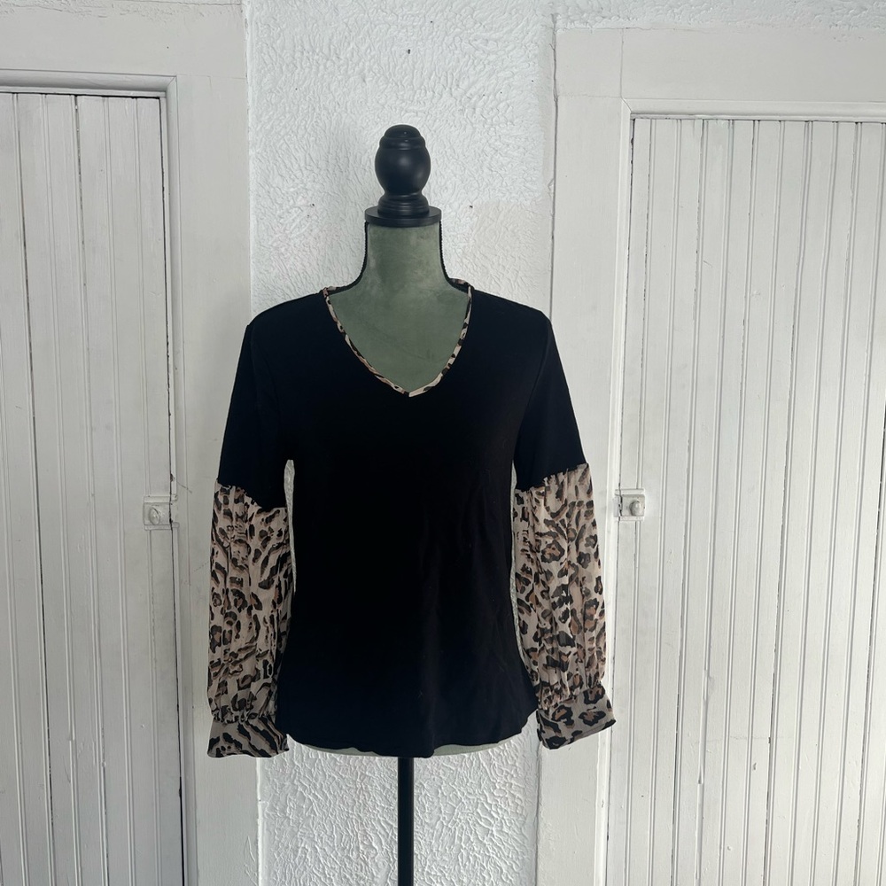 Democracy Black Top with Leopard Print Sleeves